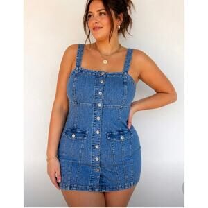 H&M Divided Denim Mini Dress XL Button Front Sleeveless Blue Jean Dress